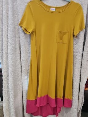 LuLaRoe Mustard Yellow Dress With Pink Hem